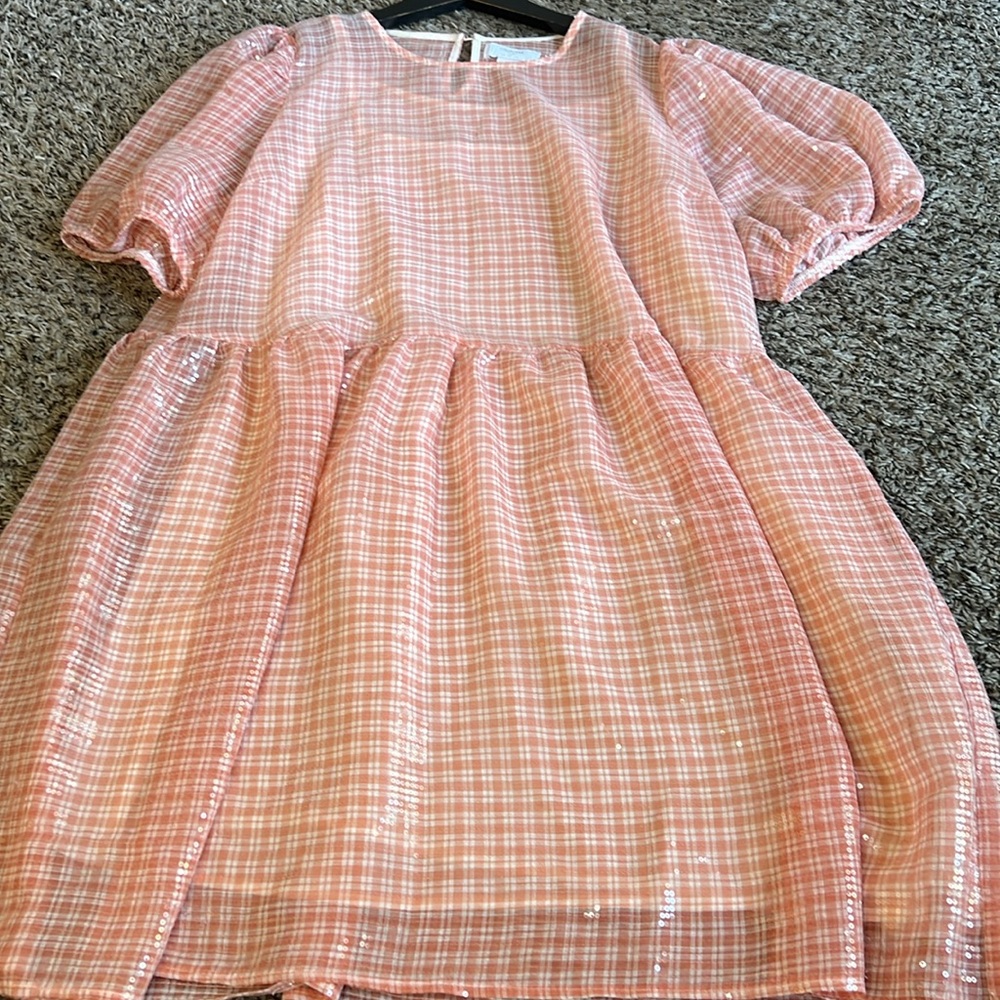 Peach Gingham Mini Dress with Puff Sleeves - Picture 3 of 16